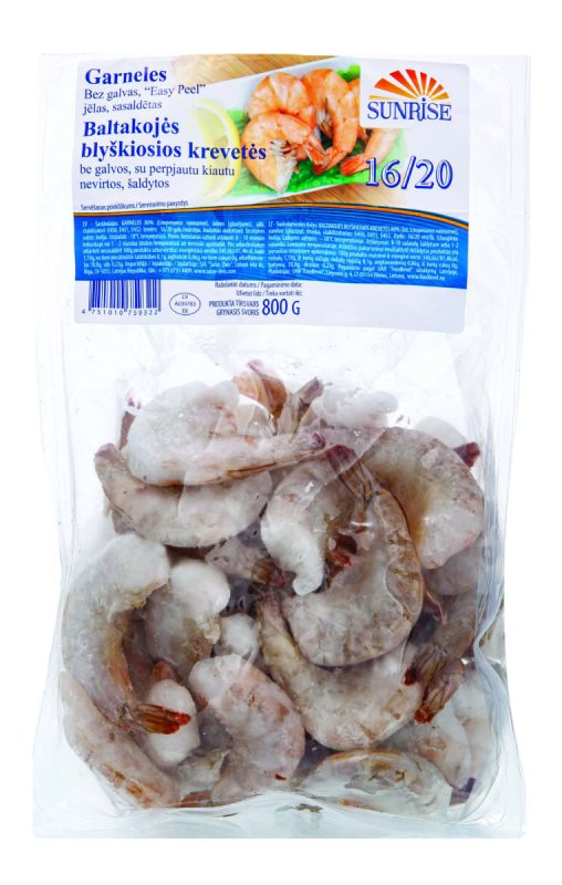 Baltakojų blyškiųjų krevečių uodegėlės SUNRISE, su perpjautu kiautu, nevirtos, 16-20/lb glazūruotos, 800 g