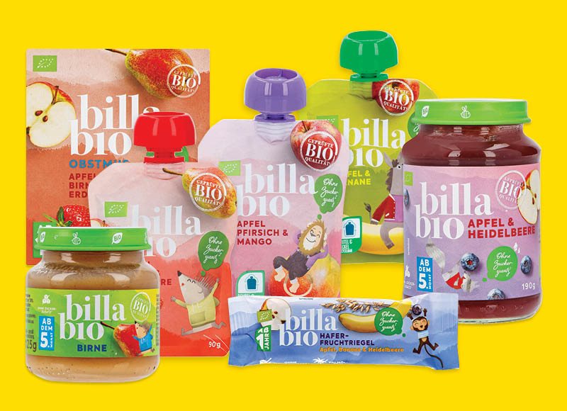 BILLA BIO vaikų tyrelėms ir užkandžiams