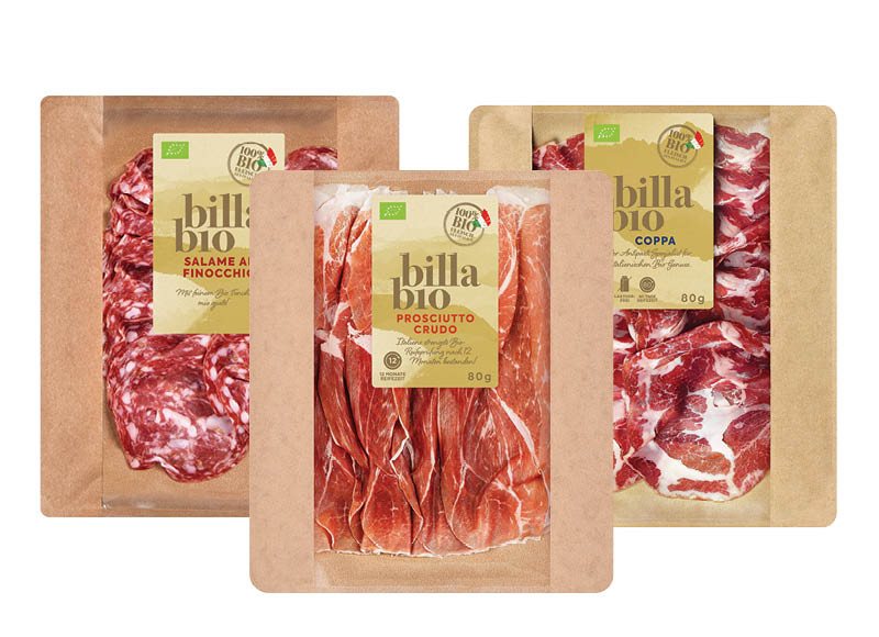 BILLA BIO vytintiems kumpiams, saliamiui, sprandinei griežinėliais, 80 g