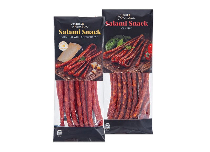 BILLA PREMIUM vytintos saliamio užkandžių dešrelės, 100 g