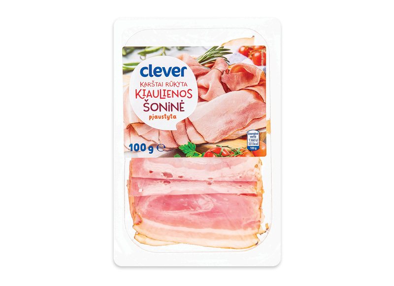 CLEVER karštai rūkyta kiaulienos šoninė griežinėliais, 100 g