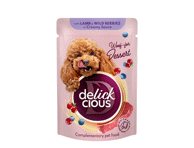 Delickcious™ „Dribsniai su ėriena ir miško uogomis kreminiame padaže“ konservuotas maistas suaugusiems šunims, 80 gr