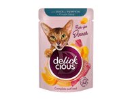 Delickcious™ „Juostelės su antiena ir moliūgu kreminėje sriuboje“ visavertis konservuotas maistas suaugusioms katėms, 85 gr