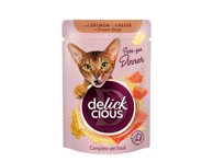 Delickcious™ „Juostelės su lašiša ir sūriu kreminėje sriuboje“ visavertis konservuotas maistas suaugusioms katėms, 85 gr