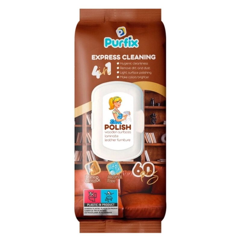 Drėgnos servetėlės baldams PURFIX Polish 4in1, 60 vnt