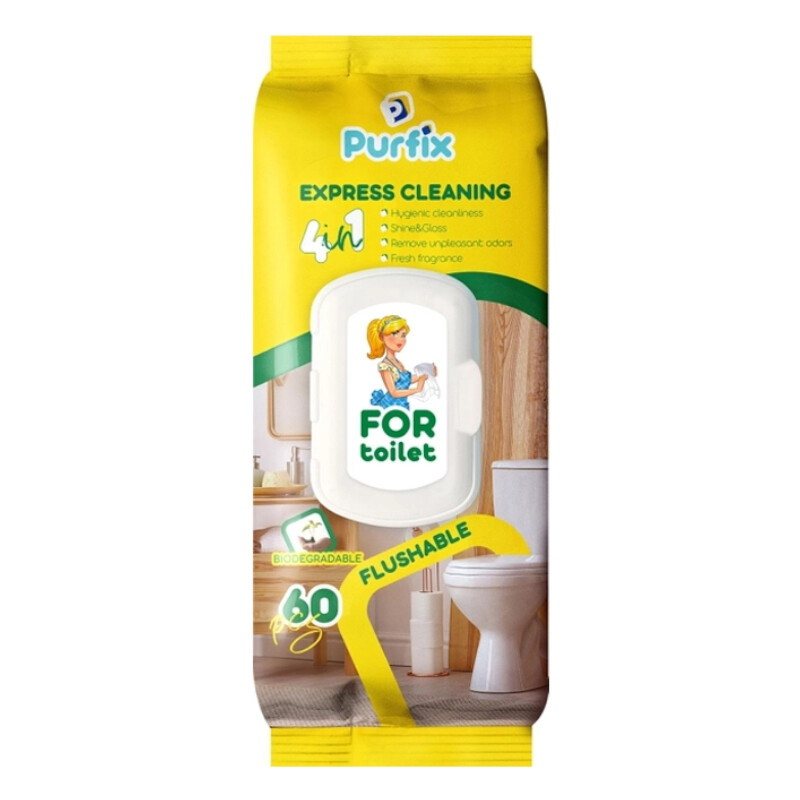 Drėgnos servetėlės tualeto paviršiams PURFIX Toilet 4in1, suyrančios vandenyje, 60 vnt