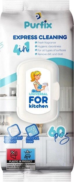 Drėgnos servetėlės virtuvės paviršiams PURFIX Kitchen 4in1, 60 vnt