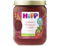 Ekologiška braškių, aviečių ir obuolių tyrelė HIPP, 5+ mėn., 160 g