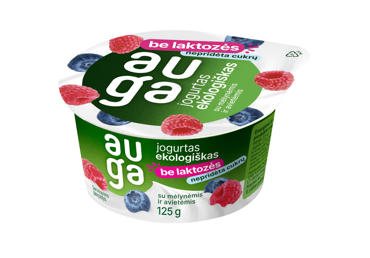 Ekologiškas jogurtas be laktozės su su mėlynėmis ir avietėmis AUGA, 3,5 % rieb., 125 g