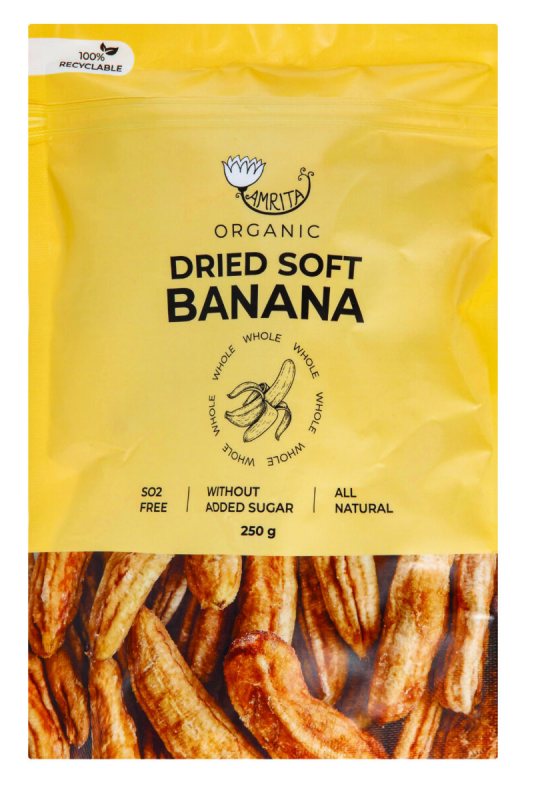 Ekologiški, džiovinti, minkšti bananai AMRITA, 250 g