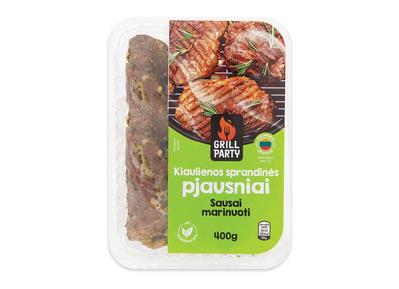 GRILL PARTY sausai marinuoti kiaulienos spandinės pjausniai, 400 g