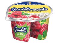 GRŪDĖTA varškė su avietėmis, 7 % rieb., 150 g