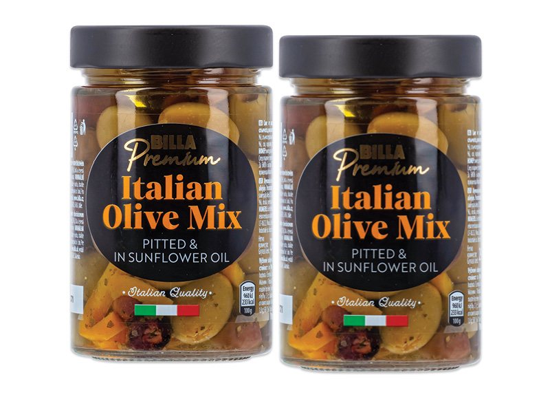 Itališkų alyvuogių mišinys saulėgrąžų aliejuje BILLA PREMIUM, 290 g