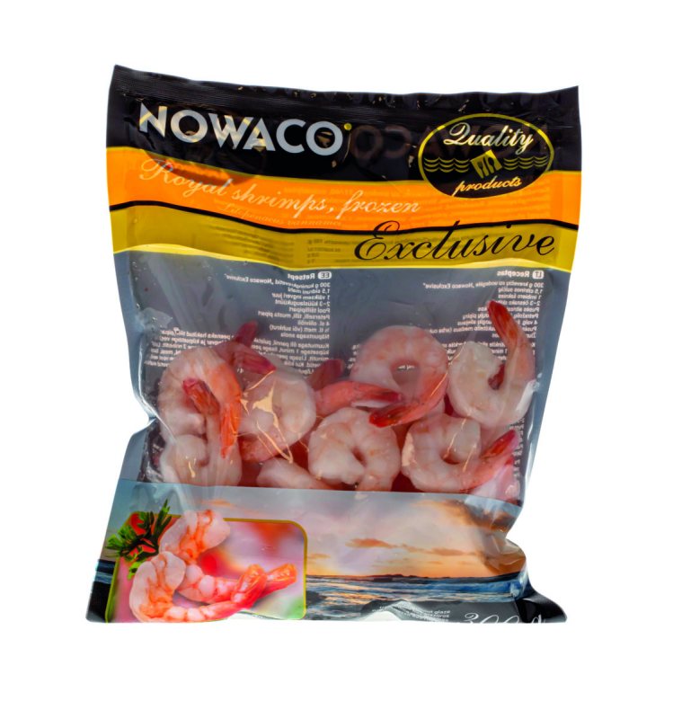 Karališkosios virtos krevetės NOWACO EXCLUSIVE, be galvų, be kiautų, su uodegomis, 300 g