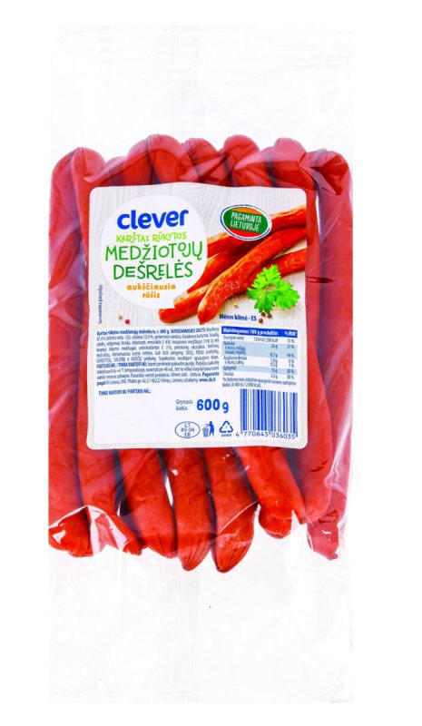 Karštai rūkytos Medžiotojų dešrelės CLEVER Aukščiausia rūšis, 600 g