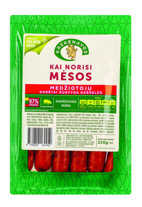 Karštai rūkytos MEDŽIOTOJŲ dešrelės KAI NORISI MĖSOS, aukščiausia rūšis, 230 g