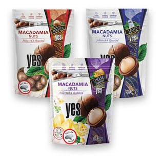 Kep. makadamijų riešutai Y.E.S. (3 rūšių), 150 g