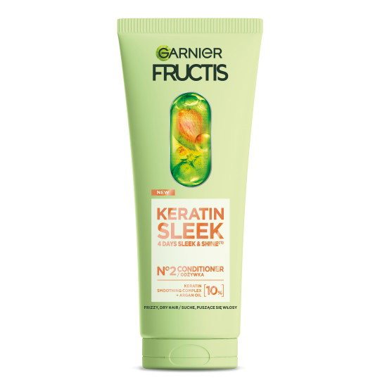 Kondicionierius sausiems ir pūkuotiems plaukams Garnier Fructis Keratin Sleek, 200 ml