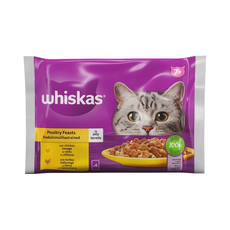 Konservuotas ėdalas katėms WHISKAS, su paukštiena, 4 x 85 g