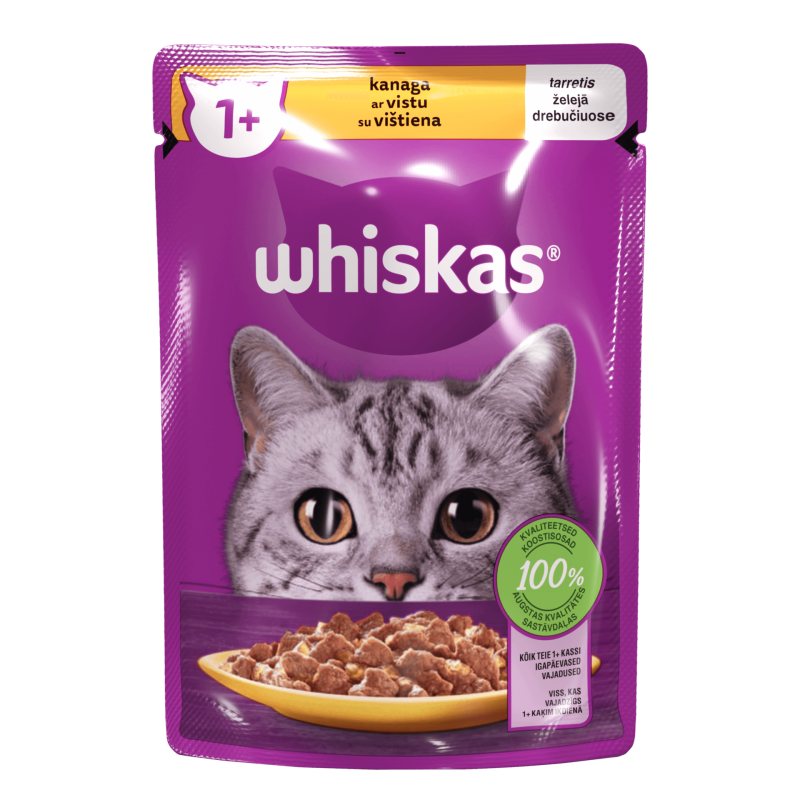 Konservuotas ėdalas katėms WHISKAS, su vištiena, 85 g