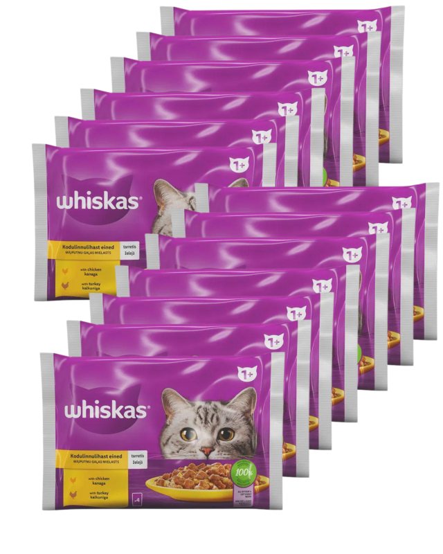 Konservuotas ėdalas katėms WHISKAS, su vištiena ir kalakutiena, 13 vnt., 4 x 85 g