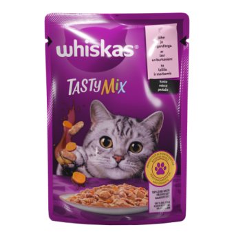 Konservuotas ėdalas katėms WHISKAS Tasty Mix, su lašiša ir morkomis, 85 g