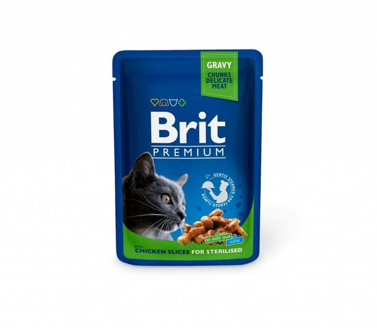 Konservuotas ėdalas sterilizuotoms katėms BRIT PREMIUM CHICKEN SLICES STERILISED su vištiena, 100 g