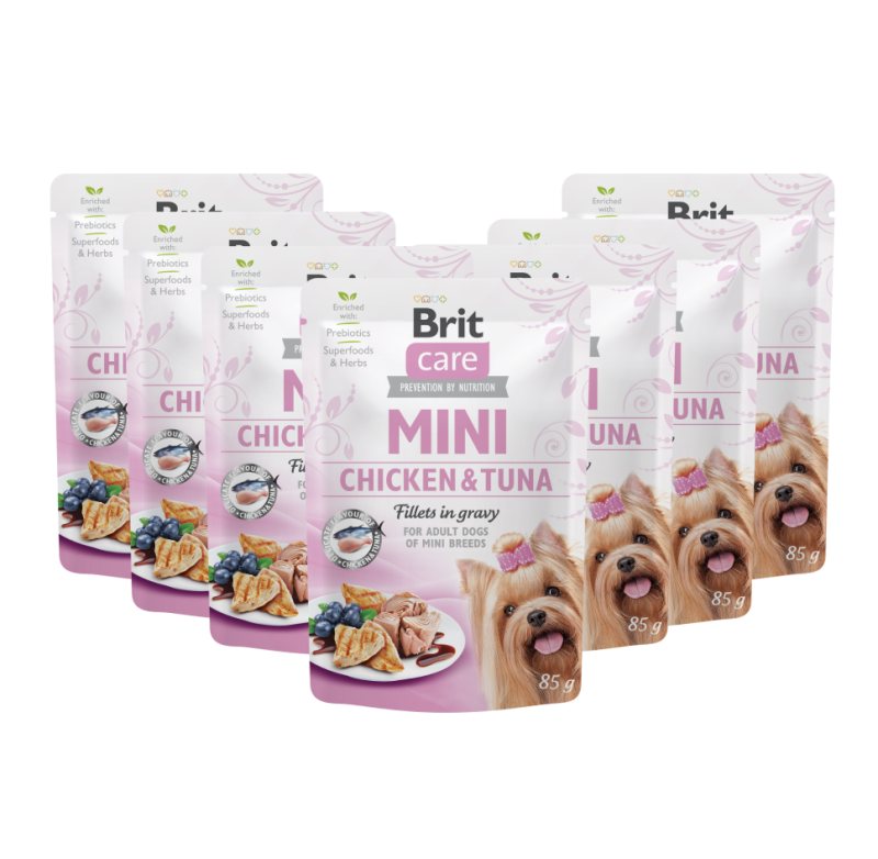 Konservuotas ėdalas šunims Brit Care Mini Chicken&Tuna fillets in gravy, 24 vnt., 85 g