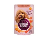 Konservuotas maistas suaugusiems šunims juostelės su lašiša DELICKCIOUS, 85 g