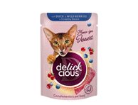 Konservuotas maistas suaugusioms katėms dribsniai su antiena DELICKCIOUS, 80 g