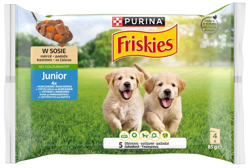 Konservuotas šunų ėdalas FRISKIES, su vištiena ir morkomis, 4 x 85 g