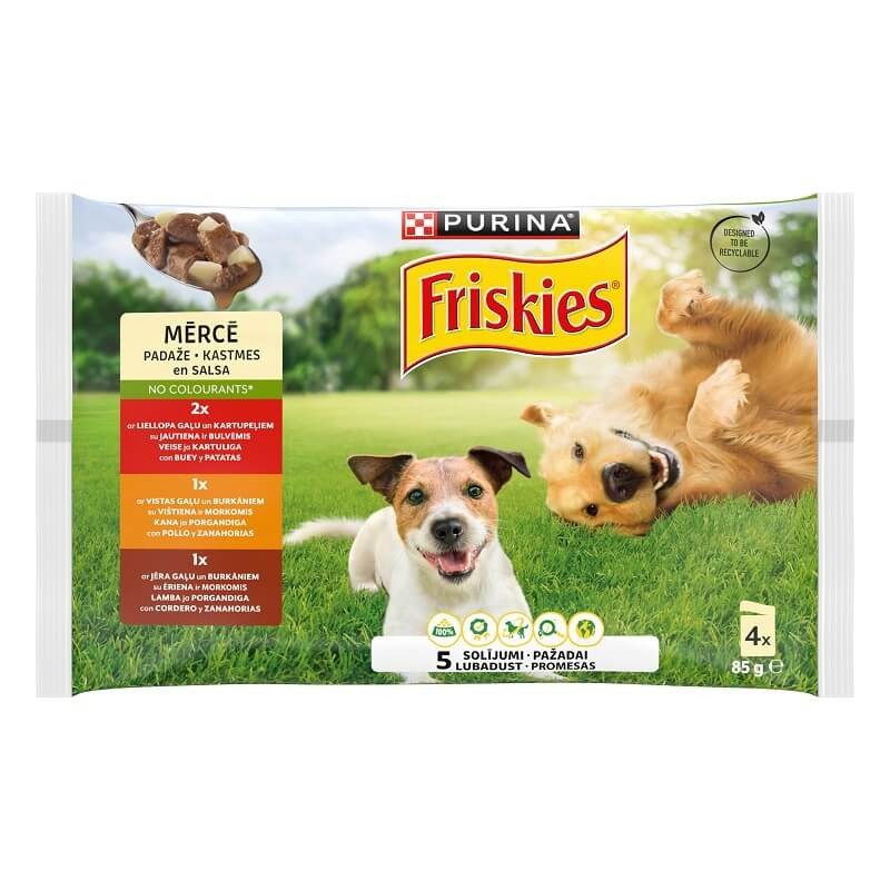 Konservuotas šunų ėdalas FRISKIES, su vištiena, jautiena ir ėriena, 4 x 85 g