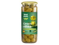 Konservuotos žaliosios alyvuogės be kauliukų WELL DONE, 450 g