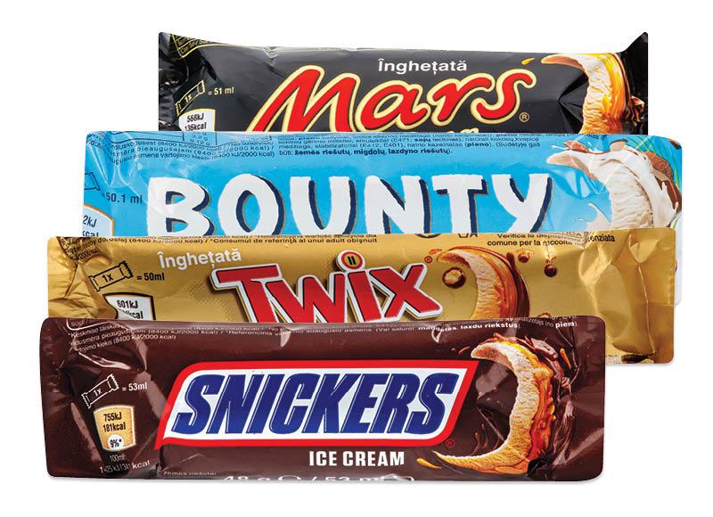 Ledai SNICKERS, MARS, TWIX ar BOUNTY