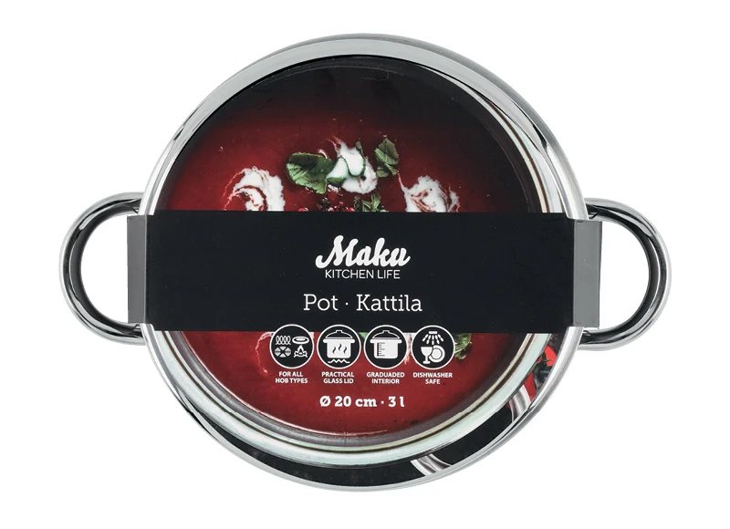 MAKU PLIENINIS PUODAS SU STIKLINIU/DANGČIU 20 CM, 3 l