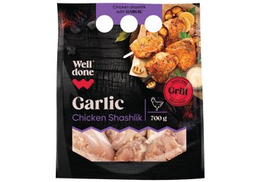 Marinuotas vištų šlaunelių mėsos šašlykas su česnakais WELL DONE, 700 g