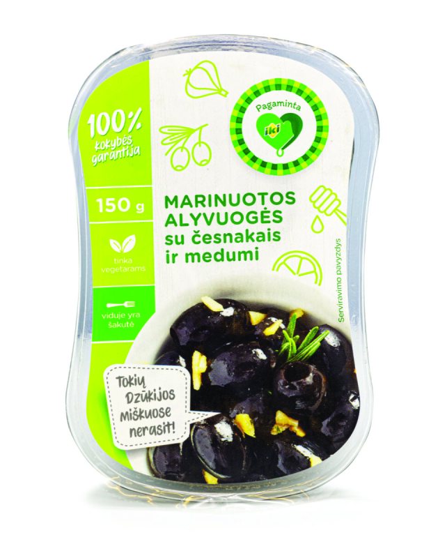 Marinuotos alyvuogės su česnakais ir medumi, 150 g