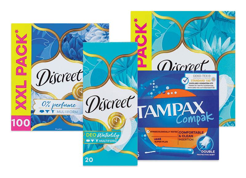 Moterų higienos priemonėms DISCREET ir TAMPAX