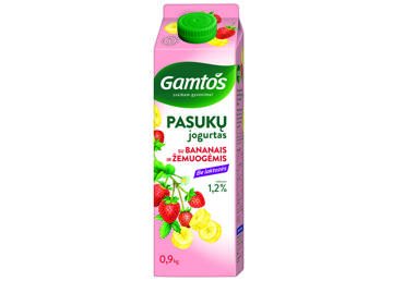 Pasukų jogurtas GAMTOS su bananais ir žemuogėmis, 1,2% r., be laktozės, 900 g