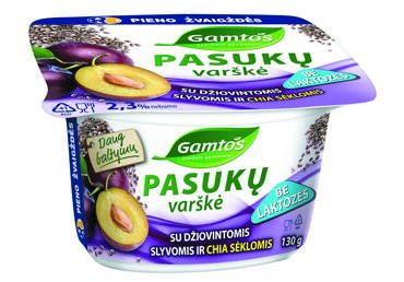 Pasukų varškė be laktozės GAMTOS su džiovintomis slyvomis ir chia sėklomis, 2,3% rieb., 130 g