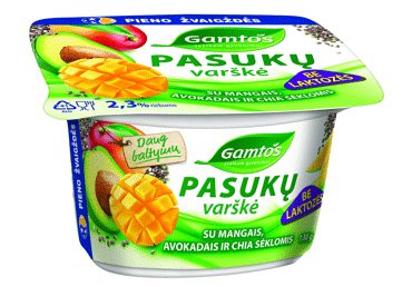 Pasukų varškė be laktozės GAMTOS su mangais, avokadais ir ispaninio šalavijo (Salvia hispanica) sėklomis (chia sėklomis) 2,3% rieb., 130 g