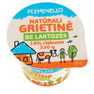 PIEMENĖLIO natūrali grietinė be laktozės, 15% rieb., 330 g