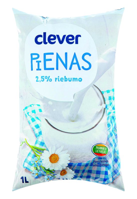 Pienas CLEVER 2,5% maišelyje, 1 l