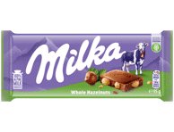 Pieninis šokoladas MILKA su neskaldytais lazdynų riešutais, 95 g