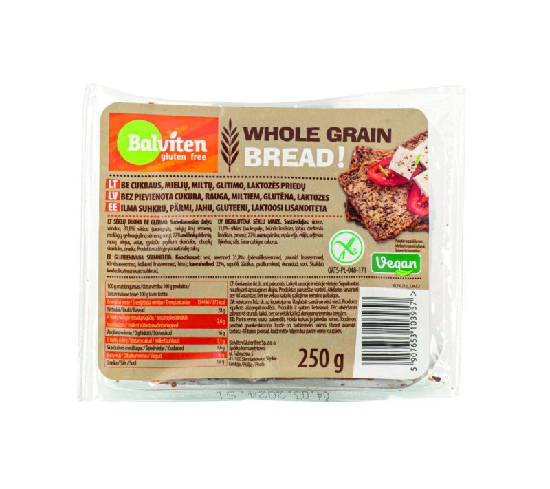 PILNO GRŪDO duona BALVITEN GLUTEN FREE, 250 g