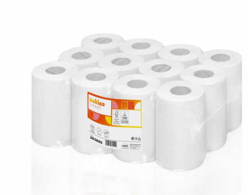 Popieriniai ranksluoščiai Satino by WEPA Smart/ 1-sluo// baltas CF1, 12 x 120 m