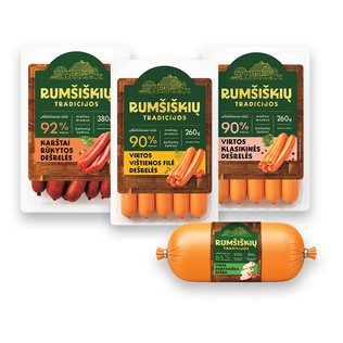 RUMŠIŠKIŲ TRADICIJOS virt. dešrai, virt. ir k. rūk. dešrel. (4 rūš.), 300 g, 380 g, 260 g