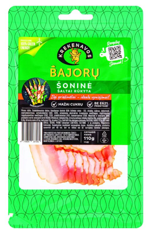 Šaltai rūkyta BAJORŲ šoninė pjaustyta, griežinėliais dujose, 110 g