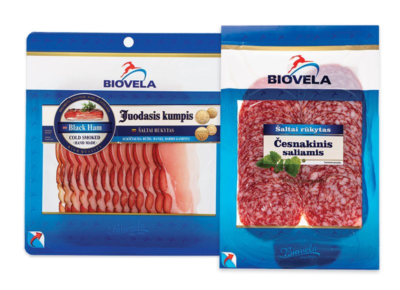Šaltai rūkytam JUODAJAM kumpiui ir ČESNAKINIAM saliamiui griežinėliais, 110 g