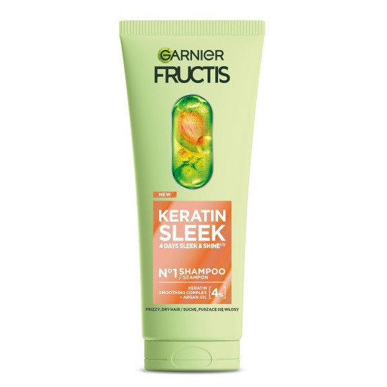 Šampūnas sausiems ir pūkuotiems plaukams Garnier Fructis Keratin Sleek, 200 ml